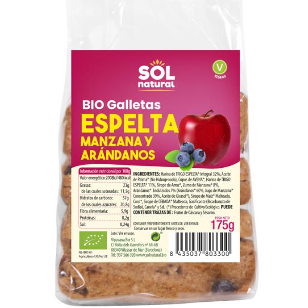 Galletas Espelta Manzana Arandano Bio 175Gr - Solnatural