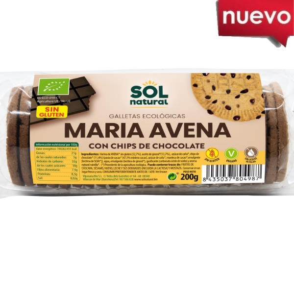 Galletas Avena Maria Sin Gluten Chips Choco Bio 200Gr - Solnatural