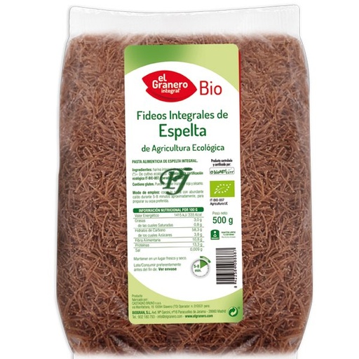 [045360] Fideos Integrales Espelta Bio 500Gr - El Granero