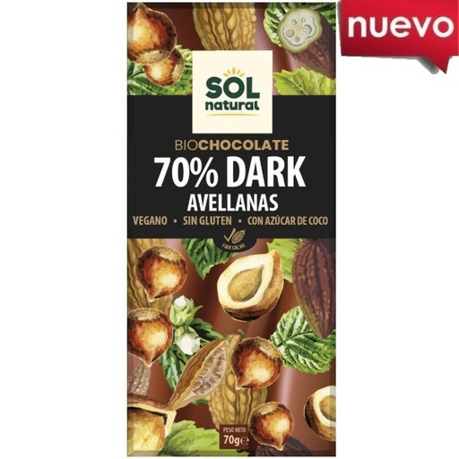 [205655] Tableta Choco Dark 70 % Avellana  Bio 70Gr - Solnatural